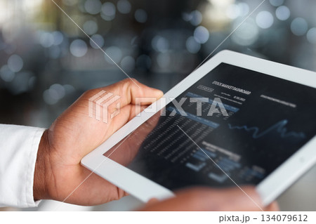 Hands, tablet screen and stock market app for investment on bokeh background. Dashboard, technology and business person with touchscreen for finance ui, analytics or graphs for trading or fintech. 134079612