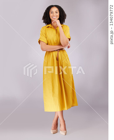 Business woman with smile in portrait, confidence and career success with positive mindset on studio background. Happy corporate female, professional and empowerment with pride and mockup space Business woman with smile in portrait, confidence and career success with positive mindset on studio background. Happy corporate female, professional and empowerment with pride and mockup space 134079772
