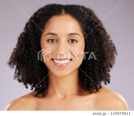 Happy woman, natural skincare and portrait in studio, background and wellness cosmetics. Beauty, dermatology and smile of female model with healthy aesthetic glow, confidence and face of happiness 134079811
