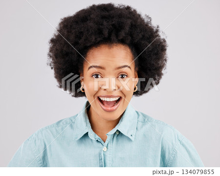 Excited, surprise and portrait of black woman in studio for good news, announcement and success. Winner mockup, wow face and happy girl for promotion, bonus or winning competition on white background Excited, surprise and portrait of black woman in studio for good news, announcement and success. Winner mockup, wow face and happy girl for promotion, bonus or winning competition on white background 134079855