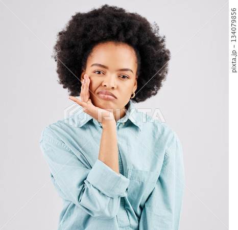 Confused, unhappy and portrait of black woman in studio with upset, bored and annoyed facial expression. Depression, mockup and girl on white background with boredom gesture, sadness and thinking Confused, unhappy and portrait of black woman in studio with upset, bored and annoyed facial expression. Depression, mockup and girl on white background with boredom gesture, sadness and thinking 134079856