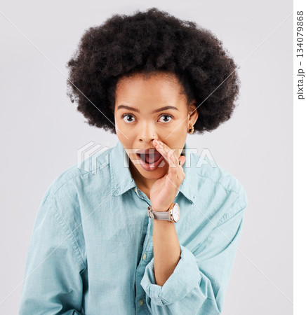 Gossip, wow and woman portrait in a studio telling a secret feeling shocked and surprised. Whisper, confidential news and female showing hand over mouth from privacy with isolated white background Gossip, wow and woman portrait in a studio telling a secret feeling shocked and surprised. Whisper, confidential news and female showing hand over mouth from privacy with isolated white background 134079868