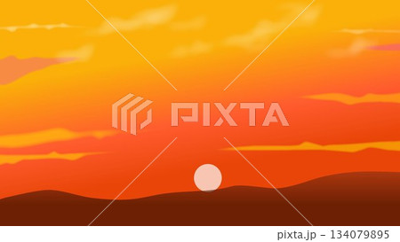 沈む太陽と赤い空の背景イラスト(16:9) 沈む太陽と赤い空の背景イラスト(16:9) 134079895