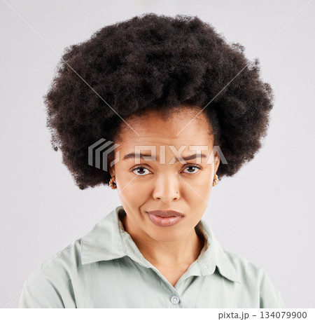 Confused, doubt and portrait of black woman in studio with puzzled, bored and annoyed facial expression. Emotions, mockup and girl on white background with bad attitude, unsure and disbelief face Confused, doubt and portrait of black woman in studio with puzzled, bored and annoyed facial expression. Emotions, mockup and girl on white background with bad attitude, unsure and disbelief face 134079900