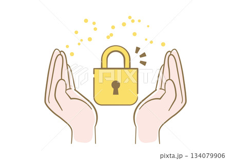 セキュリティをイメージした南京錠と両手の線画イラスト 134079906