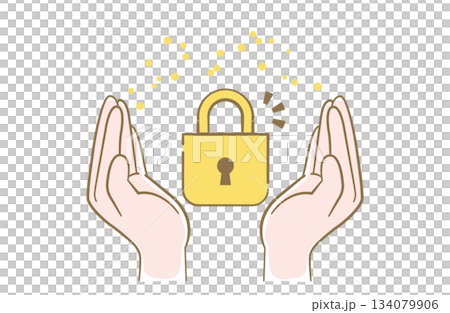 セキュリティをイメージした南京錠と両手の線画イラスト 134079906