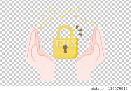 圖中描繪了一把掛鎖和兩隻手,象徵著安全。 圖中描繪了一把掛鎖和兩隻手,象徵著安全。 134079911