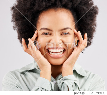 Winner, excited and portrait of black woman in studio with smile, confidence and happiness on white background. Promotion, success mockup and face of girl for good news, announcement and winning 134079914