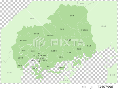「広島県」詳細な地図シリーズ。（隣県、市町村の区分あり） 134079961