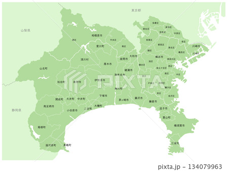 「神奈川県」詳細な地図シリーズ。（隣県、市町村の区分あり） 134079963