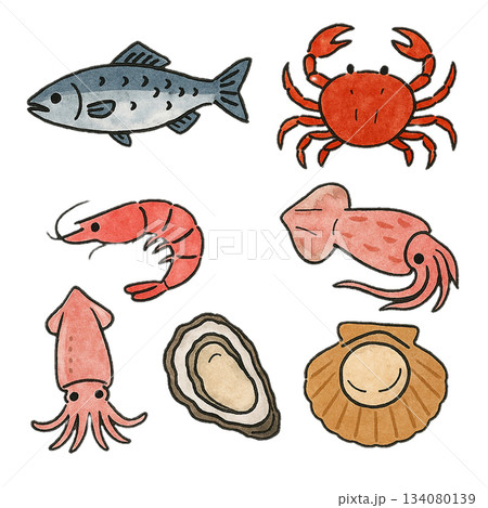 海の幸イラストセット(水彩風の魚・カニ・エビ・イカ・貝) 海の幸イラストセット(水彩風の魚・カニ・エビ・イカ・貝) 134080139