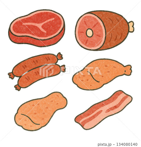 お肉のイラストセット（ステーキ・ハム・ソーセージ・チキン・ベーコン） 134080140