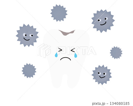 虫歯で泣いている歯のキャラクターと虫歯菌・主線なし 134080185