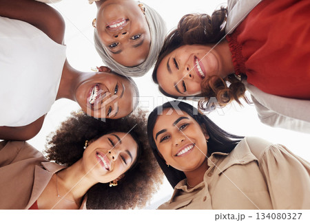Teamwork, portrait or faces of women in huddle with goals, mission or motivation together in support. Low angle, group accountability or happy people with smile, diversity or positive growth mindset Teamwork, portrait or faces of women in huddle with goals, mission or motivation together in support. Low angle, group accountability or happy people with smile, diversity or positive growth mindset 134080327