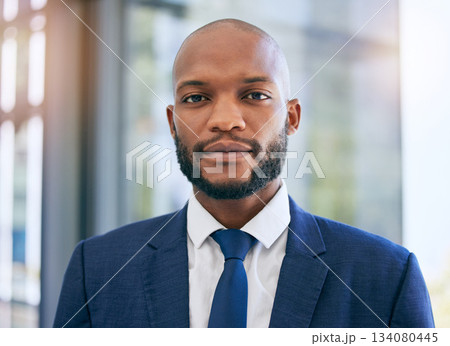 Business man, portrait and corporate lawyer in a office with success and company ideas. Law, management and African ceo worker face of legal job growth with lens flare and blurred background 134080445