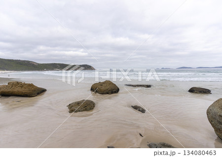 Landscape view of Squeaky Beach with the blue sky in Victoria, Australia 134080463