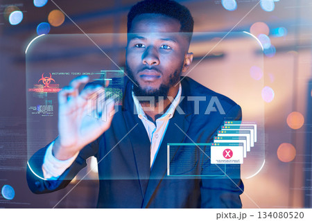 Hologram, hacker and cyber security with touchscreen and black man for 3d interface, virus and malware. Future, database and ui software with male and overlay for digital, phishing and graphic 134080520