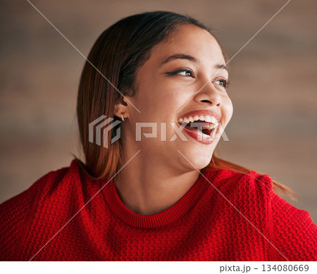 Woman, laugh and happiness of a gen z female with motivation and comedy. Isolated, happy and excited smile from a young person feeling carefree, youth and confidence with laughter from funny joke 134080669