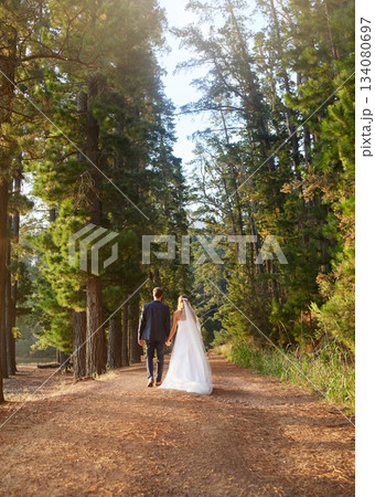 Wedding, back and couple walking in forest, nature and park for union celebration, care and marriage. Bride, groom and walk in woods, love and bridal event of commitment, support and trust of partner Wedding, back and couple walking in forest, nature and park for union celebration, care and marriage. Bride, groom and walk in woods, love and bridal event of commitment, support and trust of partner 134080697