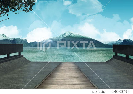 Wooden walkway jutting over turquoise lake, flanking concrete slabs, revealing snow-capped peaks 134080799
