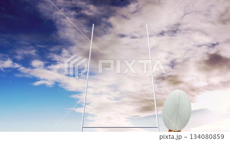 Rugby ball in front of posts Rugby ball in front of posts 134080859