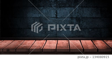 Rugged concrete wall and wooden plank platform are being shown in 3D render, low warm light 134080915