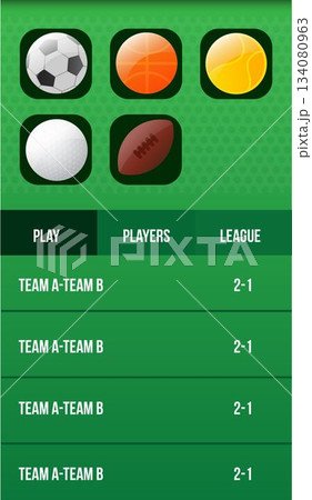 Displaying sports app interface with green-dot background, five rounded ball icons, nav bar, scores 134080963