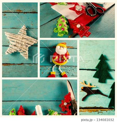 Handmade Christmas crafts are lying in flat lay on turquoise wood, featuring twig star, plush Santa 134081032