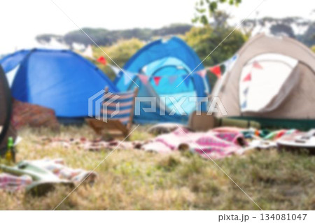Tents by bunting and chair on grassy field Tents by bunting and chair on grassy field 134081047