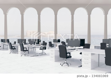 Flat design office is showing white workstations and black chairs under columns opening to sea view 134081069