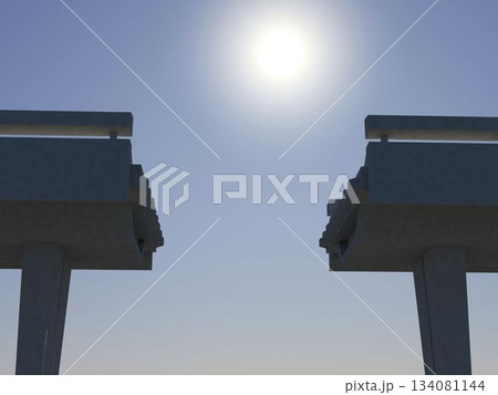 Separated concrete overpass segments are standing on tall pillars under clear sky in flat design Separated concrete overpass segments are standing on tall pillars under clear sky in flat design 134081144