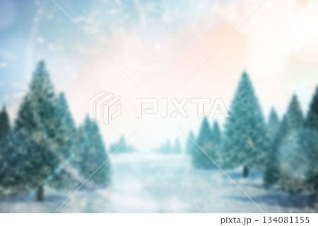 Serene winter landscape showing flat design fir trees dusted with snow and falling snowflakes 134081155