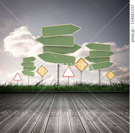 Road signs over wooden planks Road signs over wooden planks 134081157