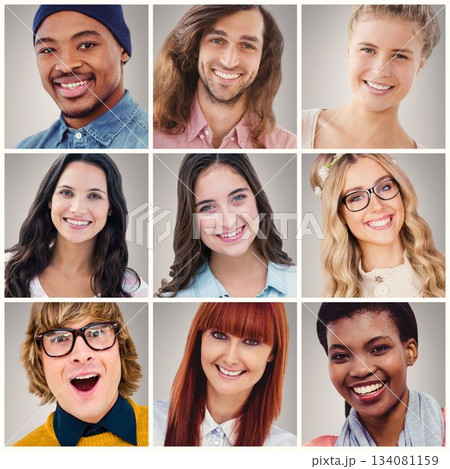 Nine smiling heads are appearing in flat design grid with knit cap eyeglasses floral clip scarf Nine smiling heads are appearing in flat design grid with knit cap eyeglasses floral clip scarf 134081159