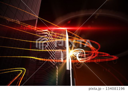 Orange light beams over skyscrapers Orange light beams over skyscrapers 134081196