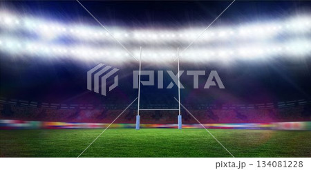 Rugby goalposts are standing on green turf under floodlights in flat design with blue padding 134081228