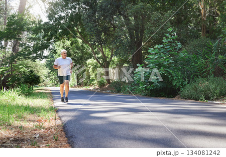 Man, exercise and outdoor in nature for run, workout and training on road with trees for fitness. Happy senior male person smile and thinking of cardio health and wellness while running in retirement Man, exercise and outdoor in nature for run, workout and training on road with trees for fitness. Happy senior male person smile and thinking of cardio health and wellness while running in retirement 134081242