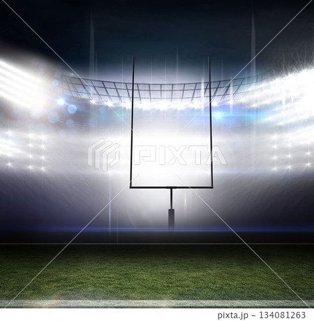 Empty football turf glowing under floodlights in stadium, goalpost rising with yard line marker 134081263