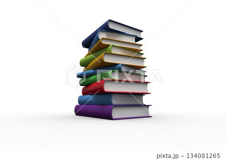 Stack of nine hardcover books is leaning in flat design showing page edges on white background 134081265