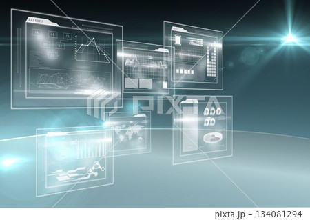 Futuristic UI panels are floating and showing graphs, network diagrams, readouts with teal glow Futuristic UI panels are floating and showing graphs, network diagrams, readouts with teal glow 134081294