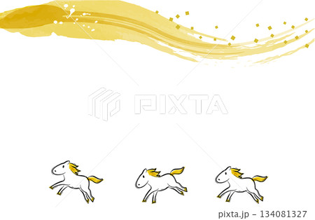 金色の筆模様と駆ける馬の年賀フレーム（和風・午年） 134081327