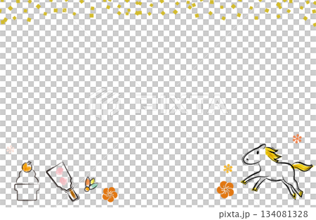 新年賀卡模板，圖案包括鏡餅、羽子板和馬（日式風格，馬年） 134081328