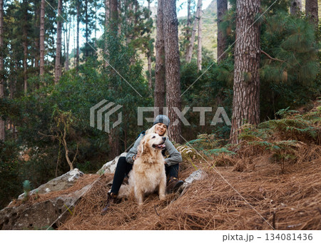 Senior woman, hiking with dog in forest and adventure, fitness with travel and pet with love and care. Nature, trekking and vitality with mature female and puppy outdoor with wellness and retirement Senior woman, hiking with dog in forest and adventure, fitness with travel and pet with love and care. Nature, trekking and vitality with mature female and puppy outdoor with wellness and retirement 134081436
