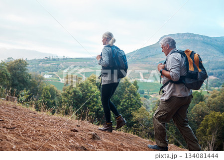 Mountains, retirement and hiking, mature couple on fitness nature walk with mountain in view in Peru. Travel, senior man and woman exercise on cliff, hike with love and health on holiday adventure. Mountains, retirement and hiking, mature couple on fitness nature walk with mountain in view in Peru. Travel, senior man and woman exercise on cliff, hike with love and health on holiday adventure. 134081444