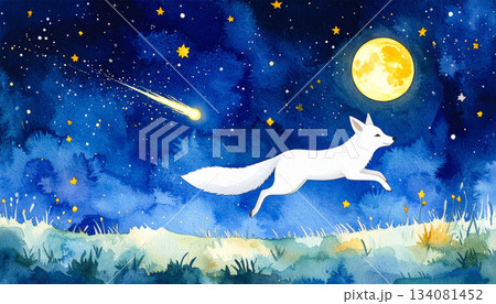 流れ星と満月の草原を走る白い狐 134081452