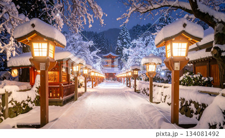 幻想的な雪景色の神社参道と灯篭ライトアップ 幻想的な雪景色の神社参道と灯篭ライトアップ 134081492