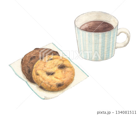 コーヒーとクッキー 水彩色鉛筆イラスト コーヒーとクッキー 水彩色鉛筆イラスト 134081511