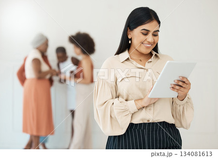 Business woman, tablet and typing online with a smile for communication, internet and network. Happy female entrepreneur working on touch screen for social media, leadership report or search 134081613