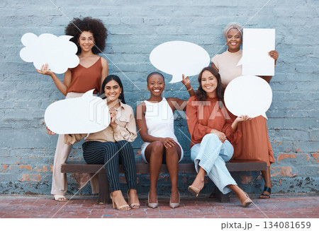 Business woman, friends and speech bubble in social media holding shapes or icons against a wall background. Portrait of happy women smile with poster shaped symbols for networking or communication Business woman, friends and speech bubble in social media holding shapes or icons against a wall background. Portrait of happy women smile with poster shaped symbols for networking or communication 134081659