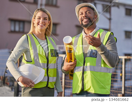 Engineer, employees and discussion for teamwork, building and happiness for real estate. Architecture, male inspector and female supervisor with plan, inspection and hard hat with construction site 134081662